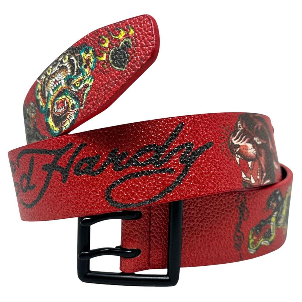 Ed Hardy Men's Panther Print Red Belt With Rivet Studs